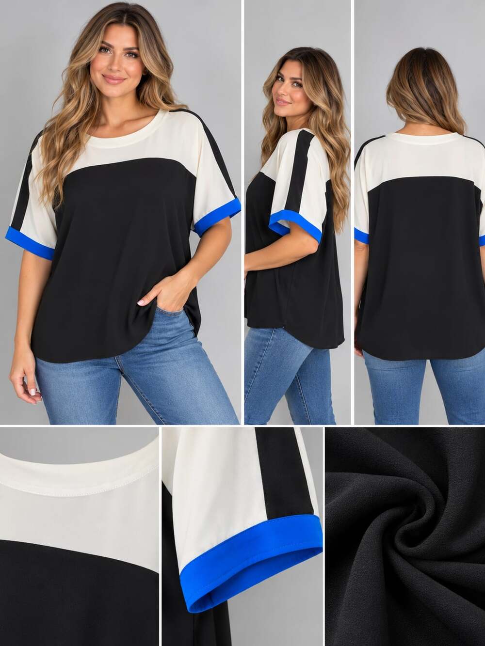Calvin Klein Black and White Colorblock Short Sleeve Blouse Blue Cuff Detail